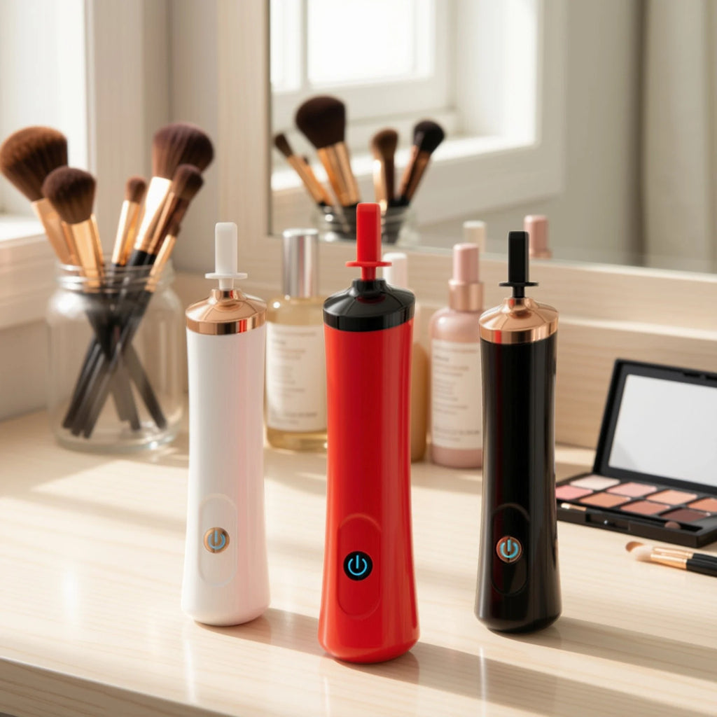 Electric makeup brush cleaner and dryer in white, red and black on a bathroom counter with makeup brushes