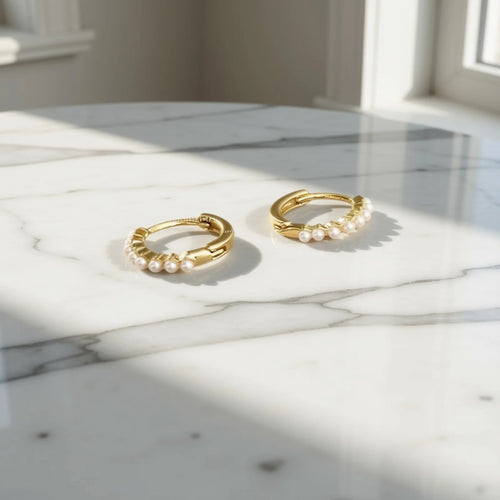 Gold-Plated Huggie Hoop Earrings with Simulated Pearls