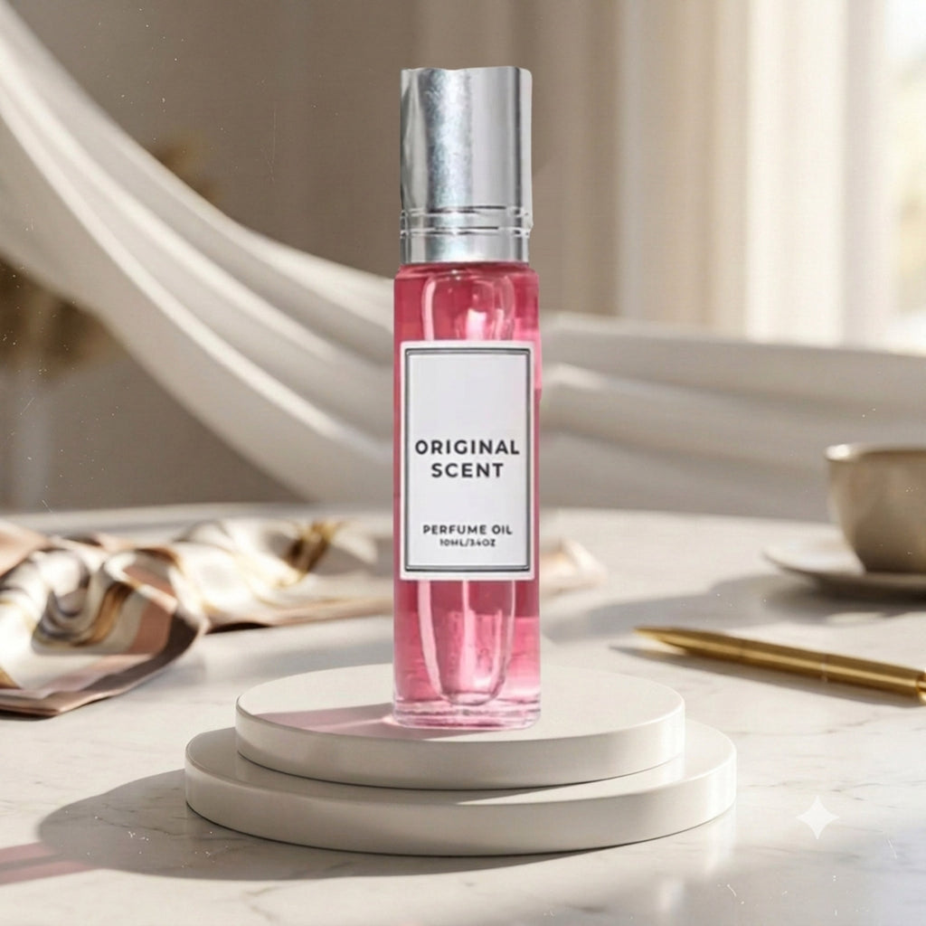 Perfume for Women roll-on oil in a pink glass bottle on a marble podium with soft drapery