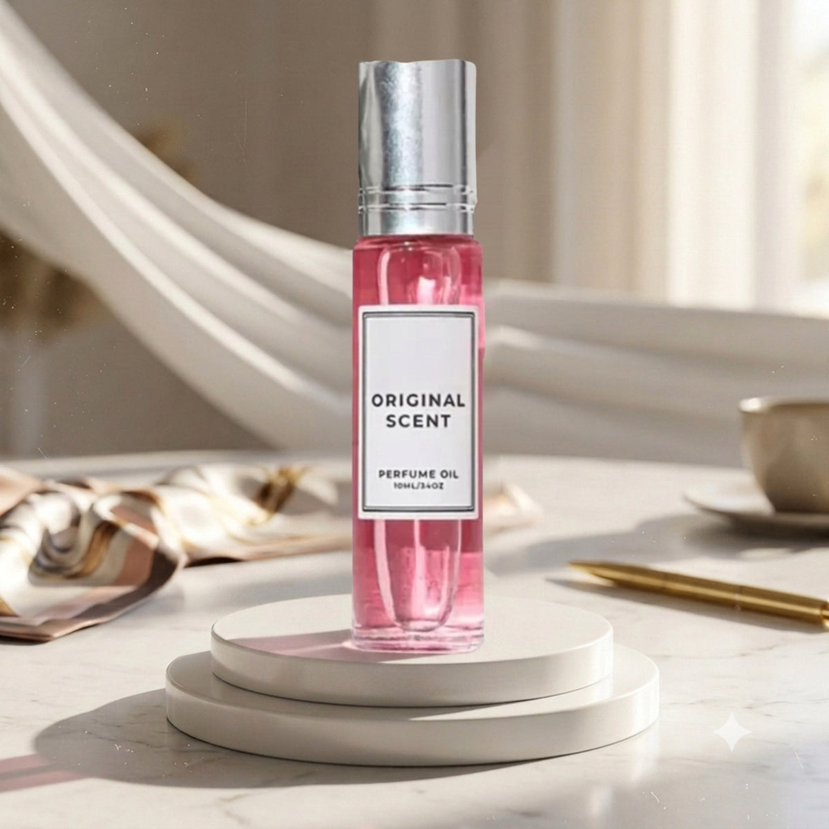 Perfume for Women roll-on oil in a pink glass bottle on a marble podium with soft drapery