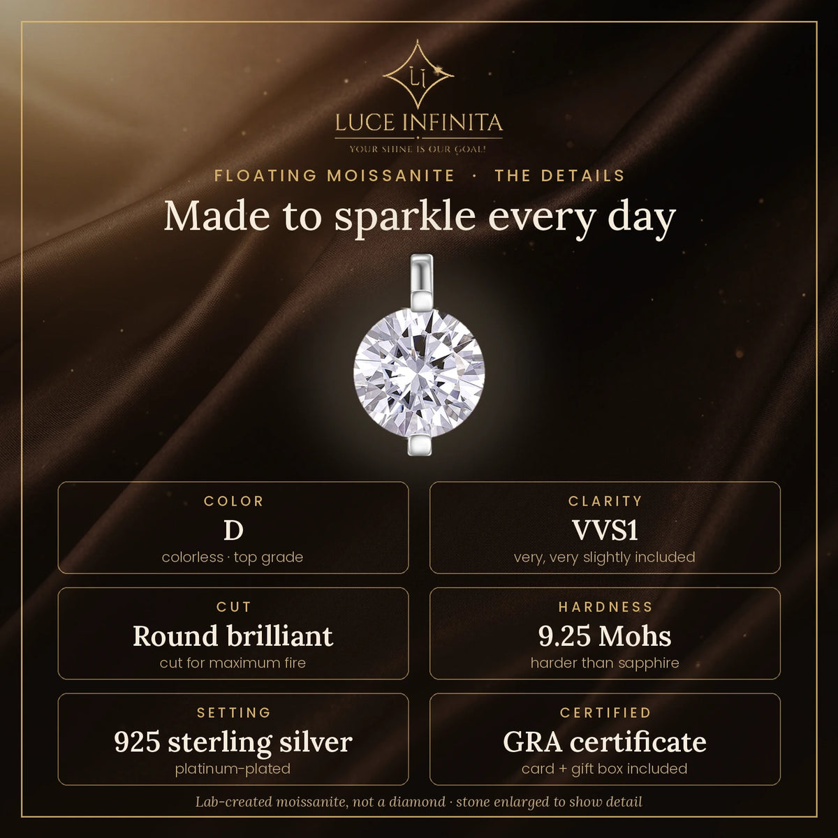 Floating Moissanite Solitaire Necklace - Lab-Created Moissanite, Sterling Silver, GRA Certificate