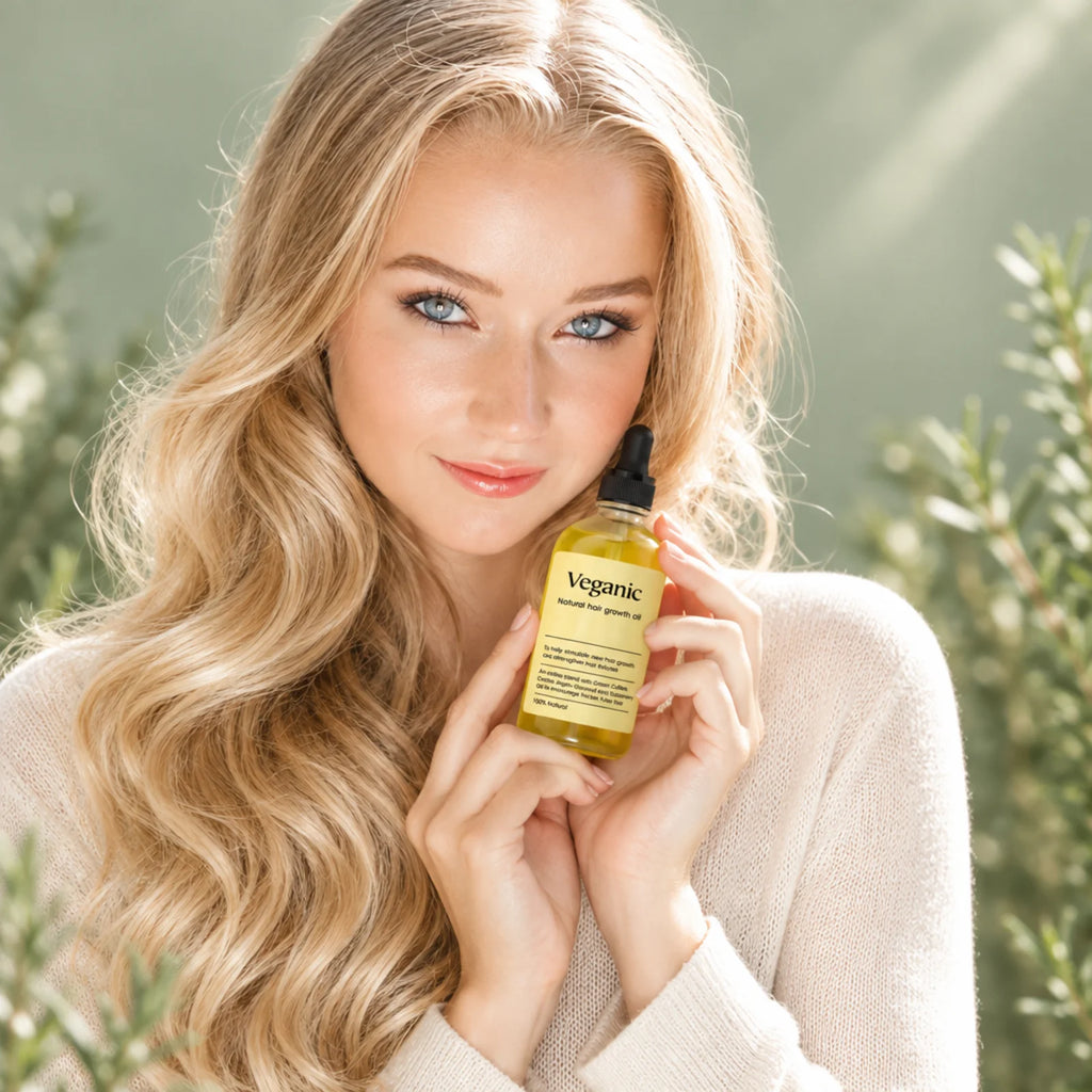 Blonde model with shiny wavy hair holding the Rosemary Scalp & Hair Oil bottle