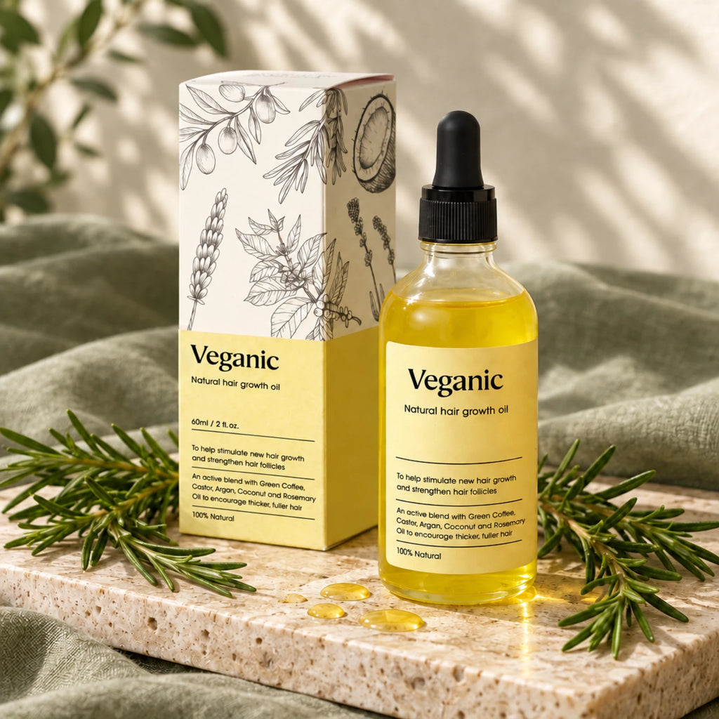 Rosemary Scalp & Hair Oil glass dropper bottle and box on travertine with fresh rosemary
