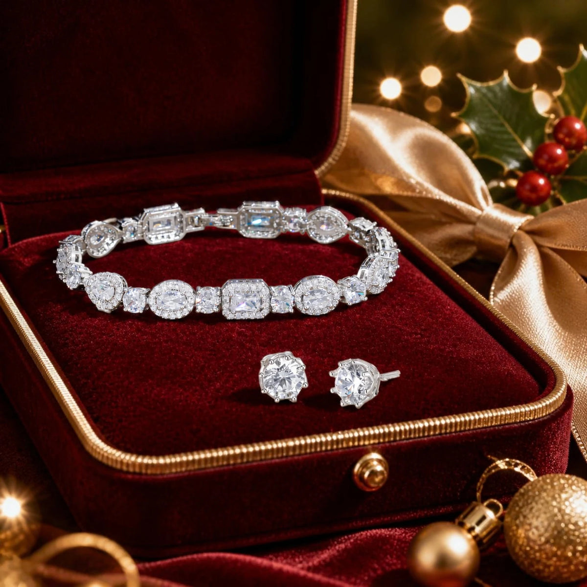 The Sparkle Trio - Stud Earrings + Tennis Bracelet + Sunburst Necklace