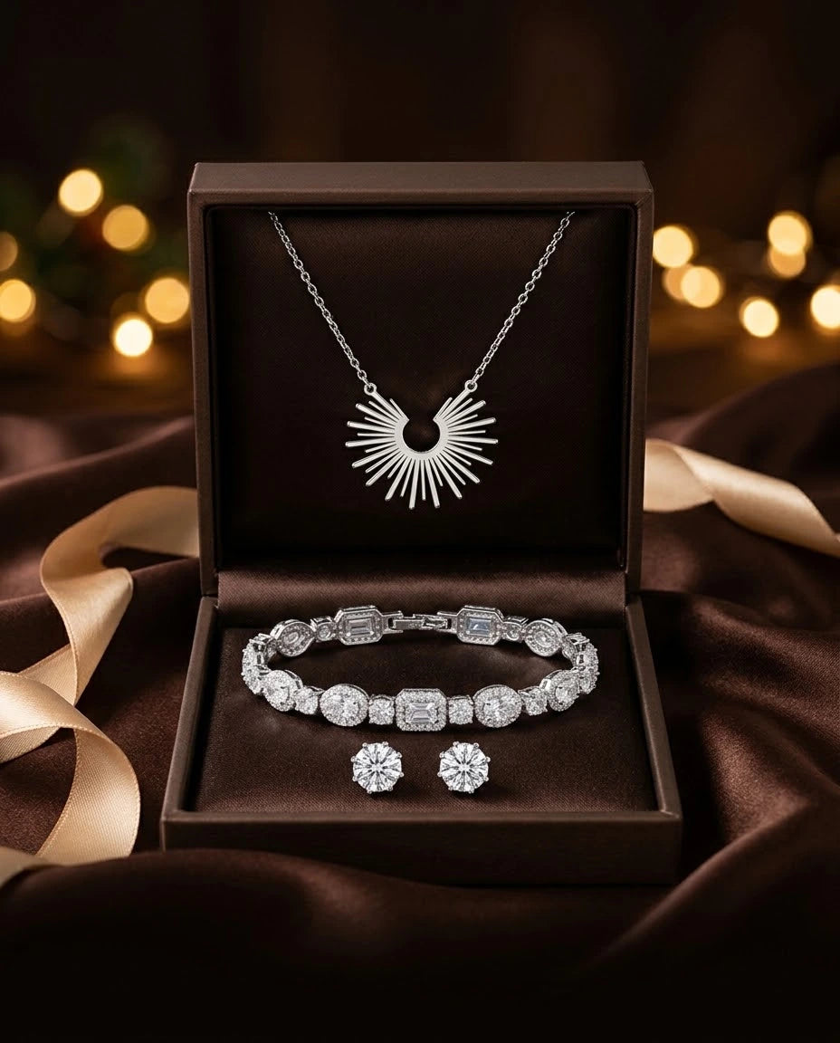 The Sparkle Trio - Stud Earrings + Tennis Bracelet + Sunburst Necklace